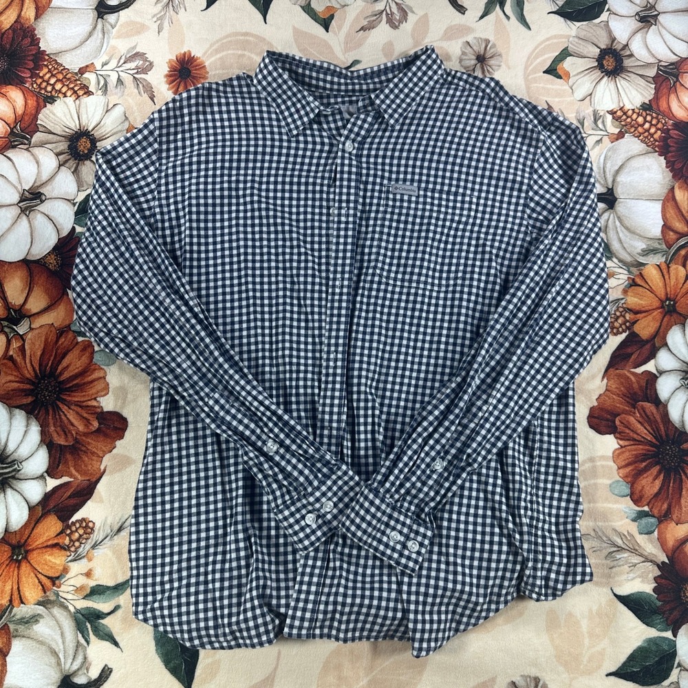Columbia Sportswear Mens Gingham Check Button Down Shirt Black White Size XL